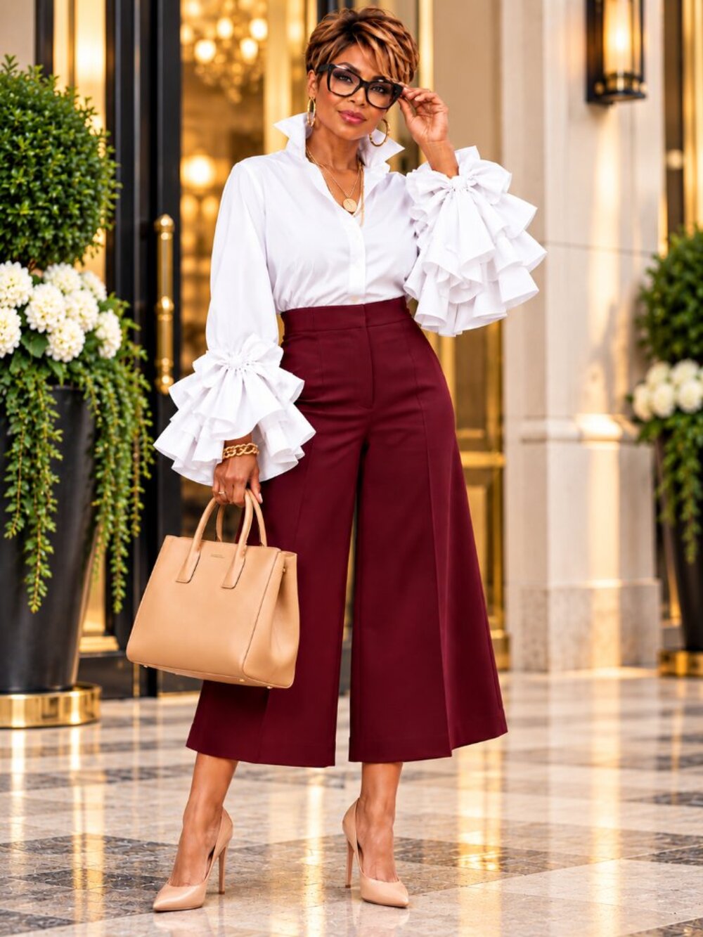 Burgundy/Wine Pleated Wide Leg Culottes High Waist Cropped Pants Size L NWT